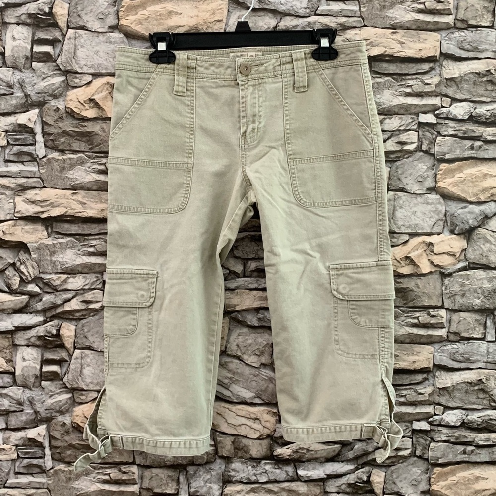 #16 Y2K LEI Cargo Buckle Khaki Corduroy Button Up Vintage Crop Capri Pant Size 9